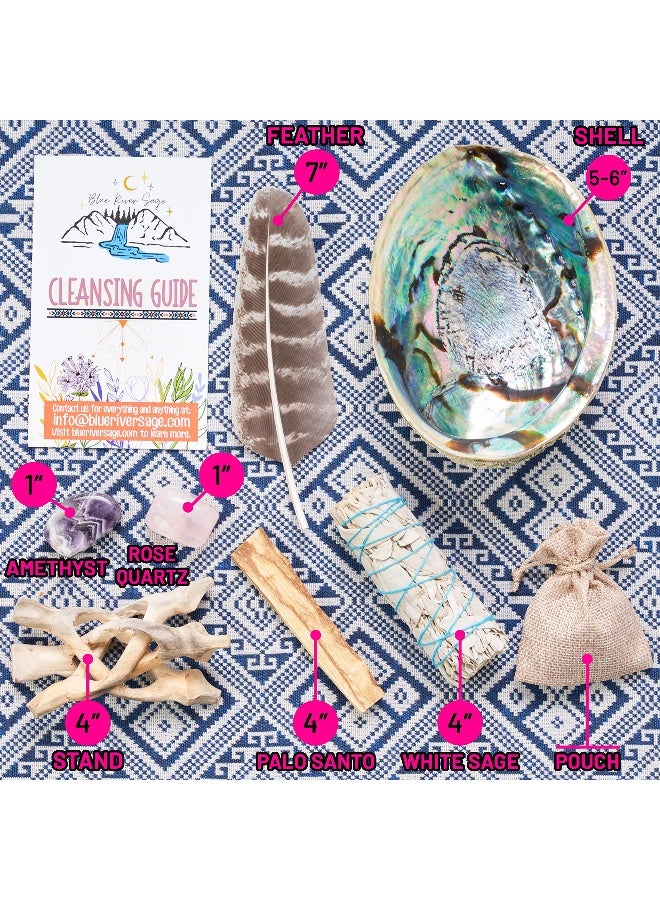 BLUE RIVER SAGE Home Cleansing & Smudging Kit with White Sage, Palo Santo, Abalone & Stand, Smudge Feather & Guide (Regular) - Image 3